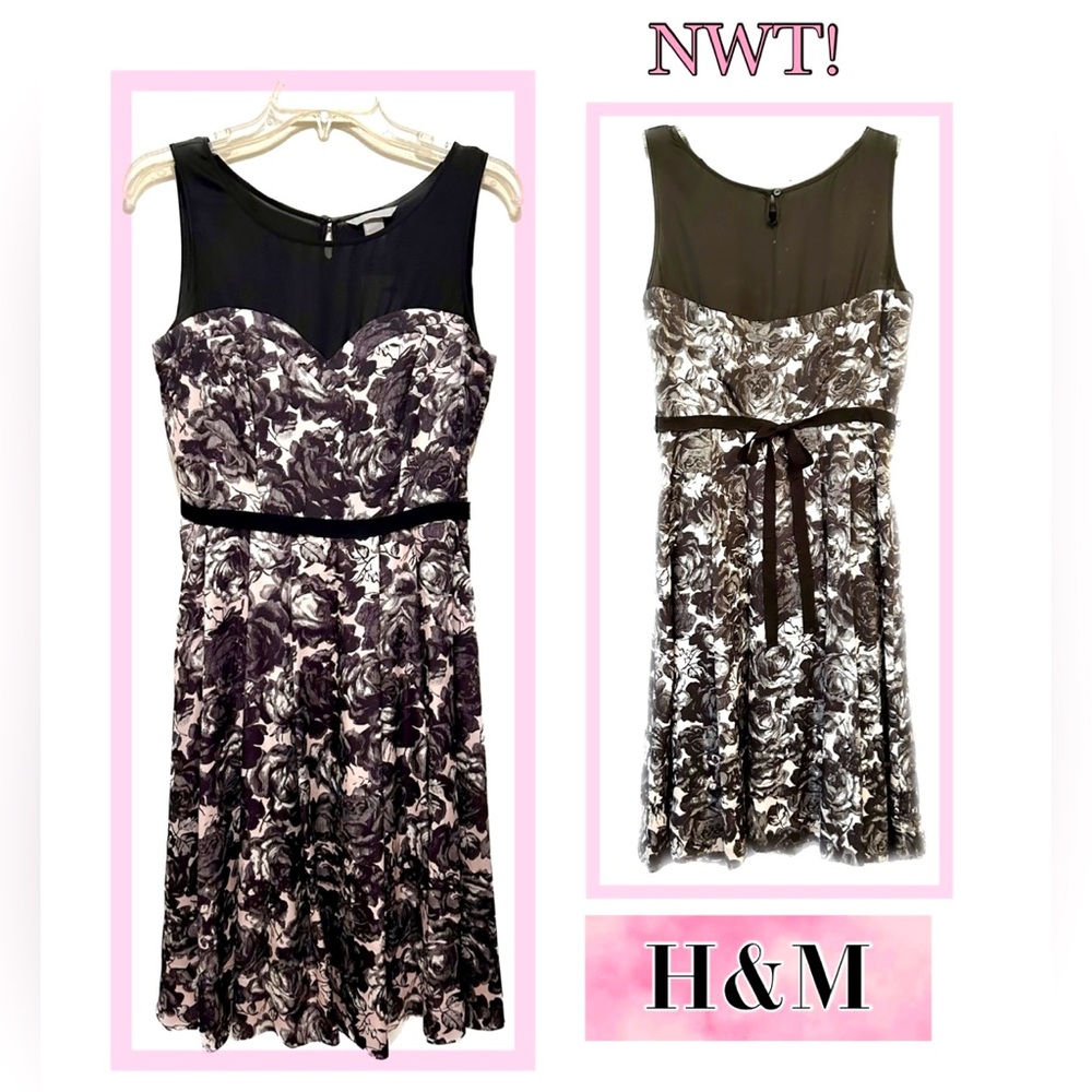 NWT H&M Satin Floral Belted Tea Dress - Pink/Black; Sz. 8